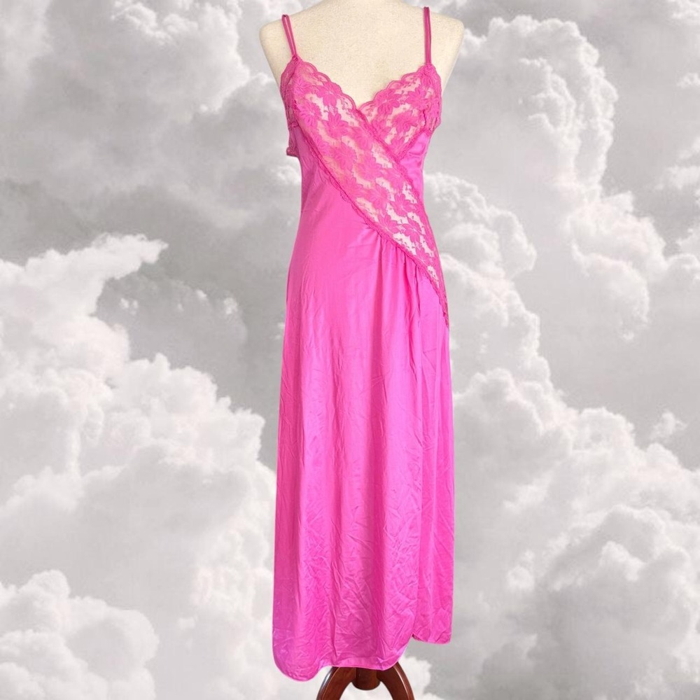 Vintage hot pink lace satin maxi slip dress size 8-10